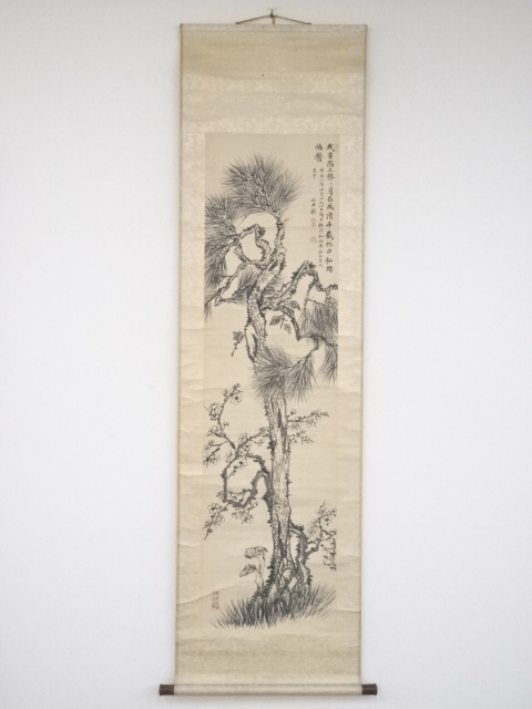 JAPANESE HANGING SCROLL / HAND PAINTED / PINE & UME BLOSSOMS / MEIJI ERA (1875)